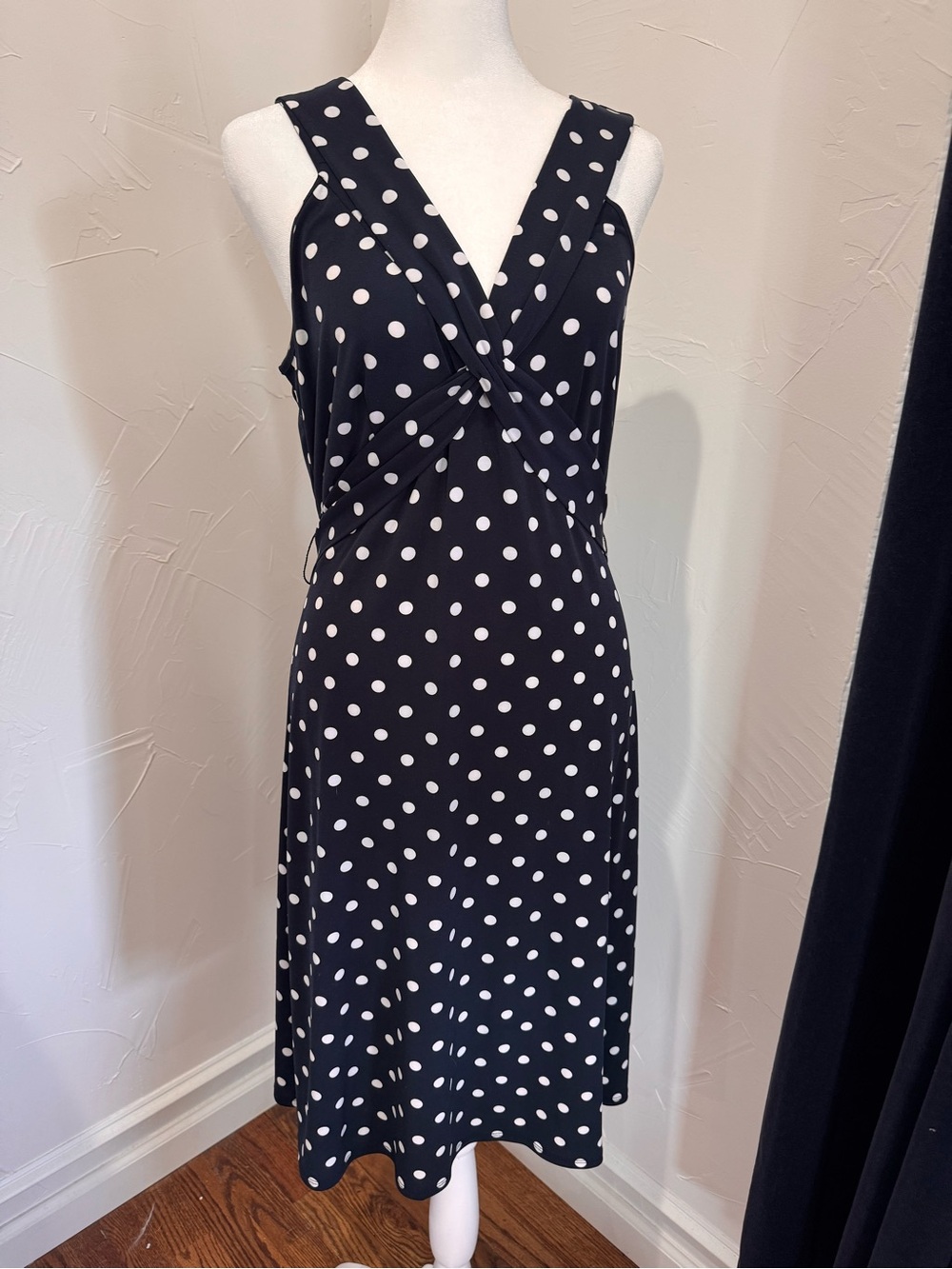 LOFT Navy and White Polka Dot Twist-Front Midi Dress